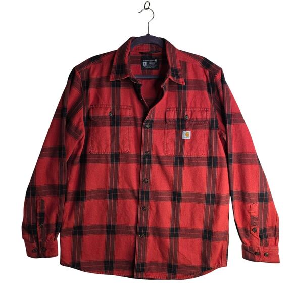 Carharrt Loose Fit M RednBlack Thick Flannel Shirt Buttondown Outdoors Workwear - Picture 1 of 11